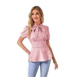 Grace Karin Puff Sleeve Bow Tie Collar Short Sleeve Top Pink Peplum Womens XL